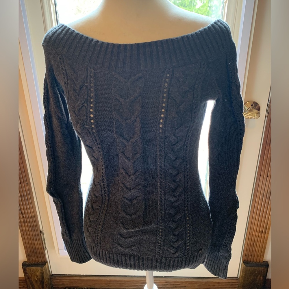 Guess Off-the-Shoulder Cable Knit Sweater - Charcoal